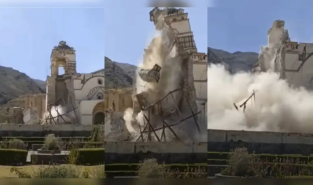 DAÑO. Usuario grabó el momento exacto en el que torre de iglesia Lari se desploma tras el fuerte sismo. Foto: captura video DAÑO. Usuario grabó el momento exacto en el que torre de iglesia Lari se desploma tras el fuerte sismo. Foto: captura video