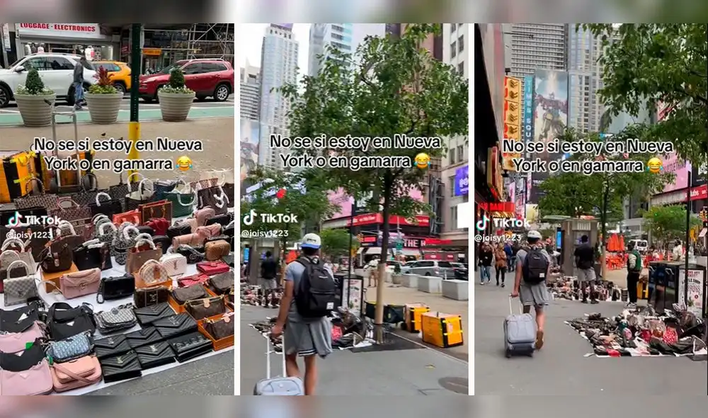 Gran cantidad de ambulantes vendían calzado y carteras en las calles de Nueva York. Foto: composición LR / capturas de TikTok / @Joissy1223