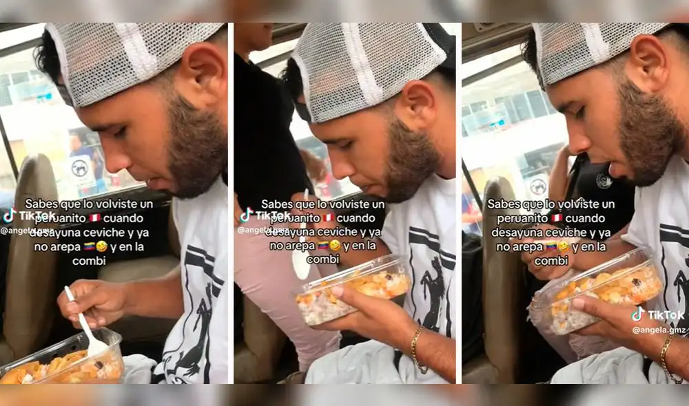 Como si fuese su desayuno, el joven comió nuestro plato bandera. Foto: composición LR / capturas de TikTok / @Angela.Gmz