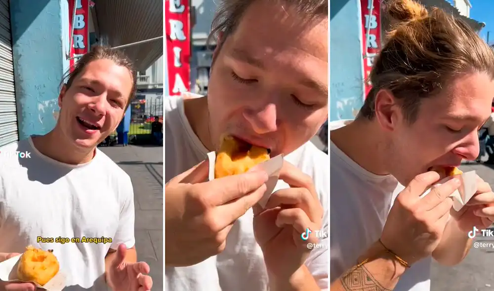 A pesar del ají, el joven no dudó en resaltar lo delicioso que estaba la papa rellena. Foto: composición LR/capturas de TikTok/@TerryKola_ A pesar del ají, el joven no dudó en resaltar lo delicioso que estaba la papa rellena. Foto: composición LR/capturas de TikTok/@TerryKola_