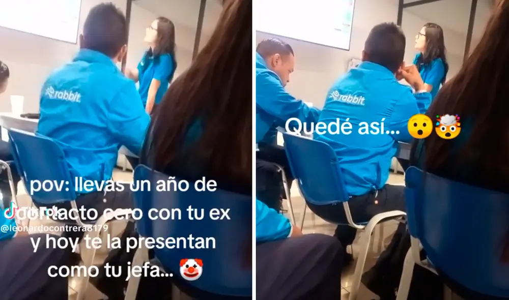 El joven no podía creer que su exnovia sería ahora su nueva jefa de trabajo. Foto: composición LR/captura/@LeonardoContrera8179/TikTok