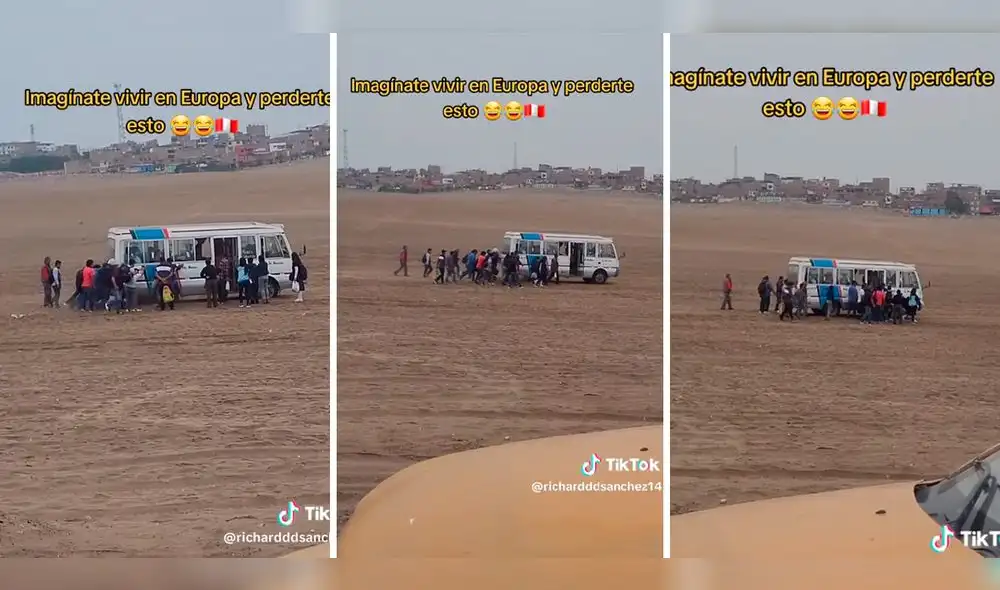 Los pasajeros no dudaron en empujar el microbús para continuar con su ruta. Foto: composición LOL/captura de TikTok/@RicharddSanchez14 Los pasajeros no dudaron en empujar el microbús para continuar con su ruta. Foto: composición LOL/captura de TikTok/@RicharddSanchez14