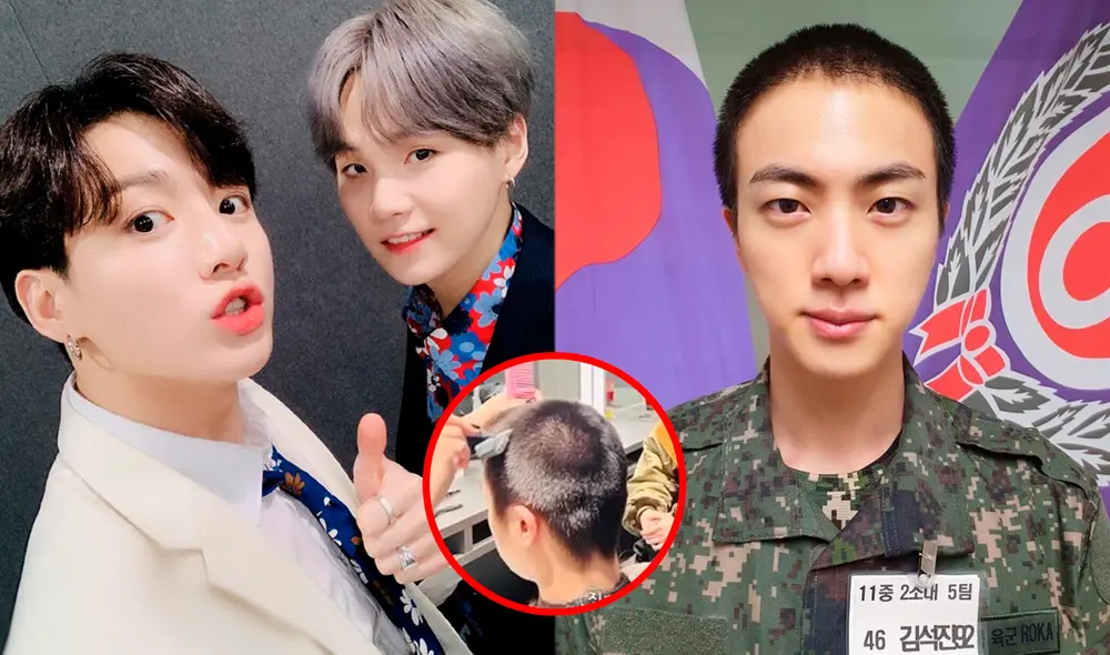 Jin de BTS se rapó el cabello frente a sus compañeros Jungkook y Suga en diciembre del 2022. Foto: composición LR/BIGHIT/The Camp