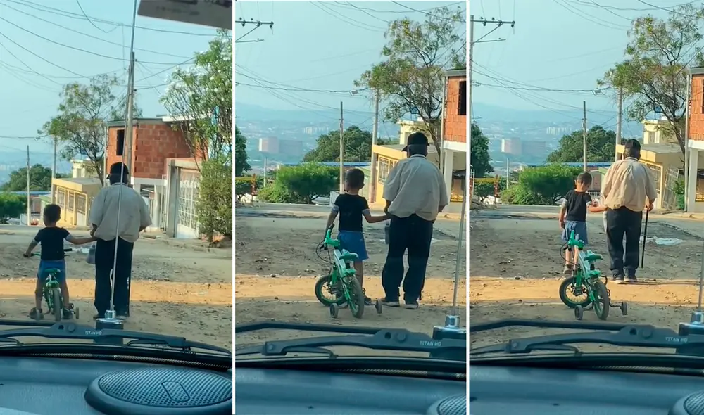 Al niño no le importó dejar su bicicleta para apoyar al adulto. Foto: composición LR / capturas de TikTok / @Karencsolano
