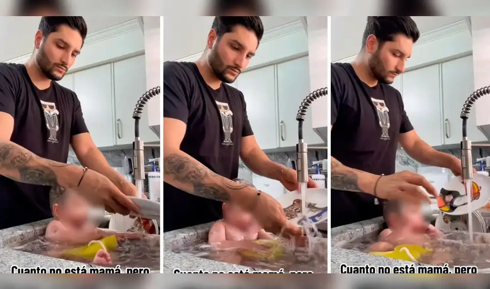 El joven padre sorprendió al bañar a su hijo con la misma agua que usó para lavar los platos. Foto: composición LR/captura/@MartinEspinoza24/TikTok El joven padre sorprendió al bañar a su hijo con la misma agua que usó para lavar los platos. Foto: composición LR/captura/@MartinEspinoza24/TikTok