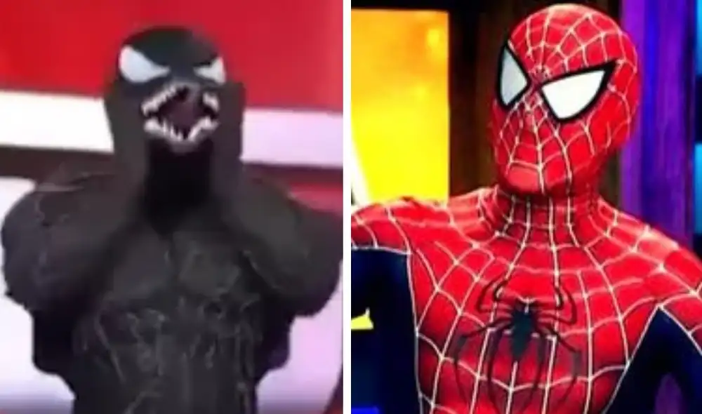 Lizbeth Cueva tuvo que separar a los imitadores de Spiderman y Venom luego de que se agarraran a golpes en su set de televisión. Foto: Composición La República/Captura Latina