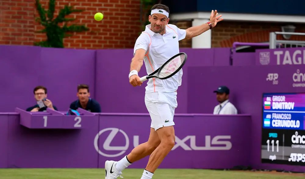 Grigor Dimitrov eliminó al argentino Cerúndolo y pasó a los cuartos de final del ATP Queens. Foto: AFP