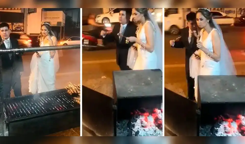 Los recién casados no dudaron en degustar unos anticuchos en plena calle. Foto: composición LOL/captura de TikTok/@SelviGonzalez Los recién casados no dudaron en degustar unos anticuchos en plena calle. Foto: composición LOL/captura de TikTok/@SelviGonzalez