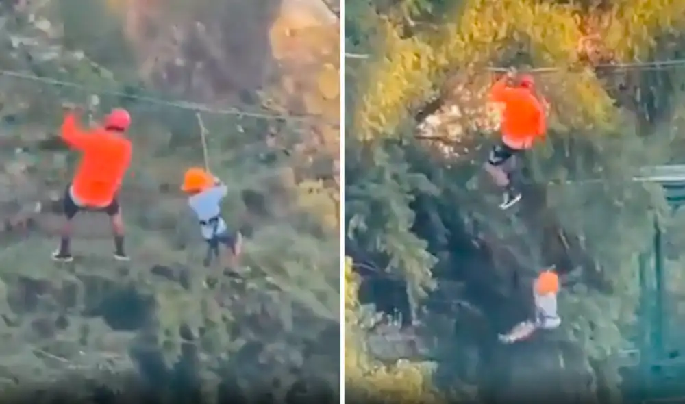El hecho ocurrió en una tirolesa en el Parque Fundidora, en Monterrey, Nuevo León. Foto: @AztecaNoticias