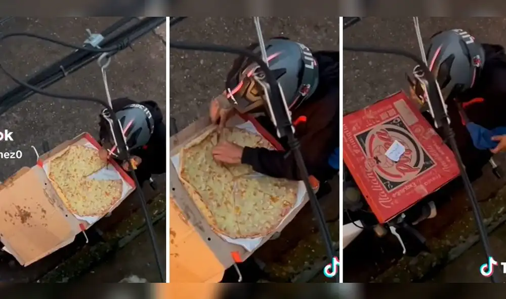 El repartidor fue captado degustando de una tajada de pizza en su motocicleta. Foto: composición LR/captura de TikTok/@SusyJimenez0 El repartidor fue captado degustando de una tajada de pizza en su motocicleta. Foto: composición LR/captura de TikTok/@SusyJimenez0