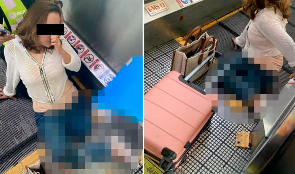 La mujer tropezó con su maleta y su pierna se enganchó con la cinta mecánica, por lo que fue succionada. Foto: Daily Mail La mujer tropezó con su maleta y su pierna se enganchó con la cinta mecánica, por lo que fue succionada. Foto: Daily Mail