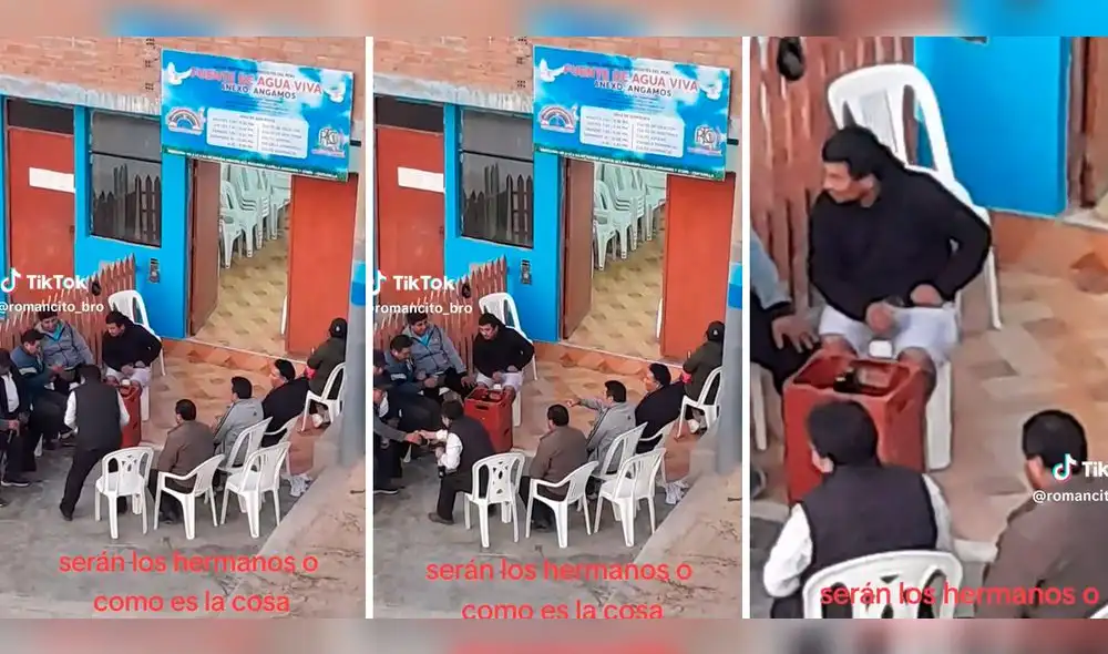Los hombres se sentaron frente a la iglesia evangélica para conversar mientras bebían algunos tragos. Foto: composición LR/captura de TikTok/@Romancito_bro Los hombres se sentaron frente a la iglesia evangélica para conversar mientras bebían algunos tragos. Foto: composición LR/captura de TikTok/@Romancito_bro