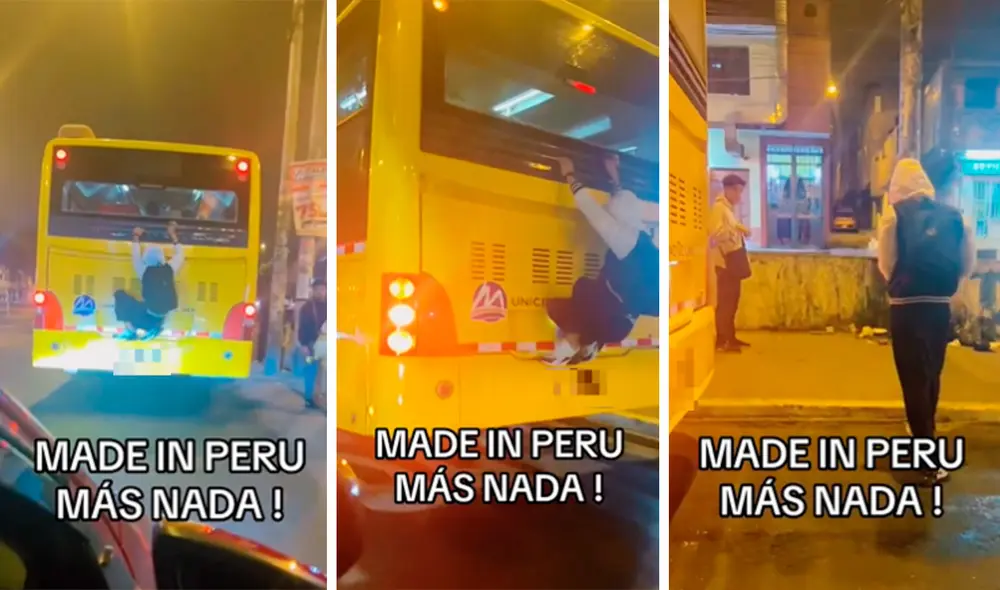 El joven se bajó cuando el bus se detuvo en uno de sus paraderos. Foto: composición LR / capturas de TikTok / @Chinorisasoficial El joven se bajó cuando el bus se detuvo en uno de sus paraderos. Foto: composición LR / capturas de TikTok / @Chinorisasoficial