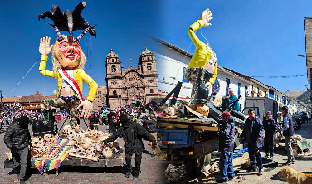 "La Descarada" en el desfile por el mes jubilar del Cusco (izquierda) y cuando fue desmontada (derecha). Sería una alegoría a Dina Boluarte. Foto: composición LR/ Jazmón Ceras/ cortesía