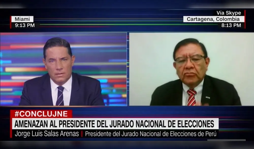 El presidente del JNE, Jorge Luis Salas Arenas, fue amenazado de muerte por miembros de La Resistencia. Foto: captura CNN Español. El presidente del JNE, Jorge Luis Salas Arenas, fue amenazado de muerte por miembros de La Resistencia. Foto: captura CNN Español.