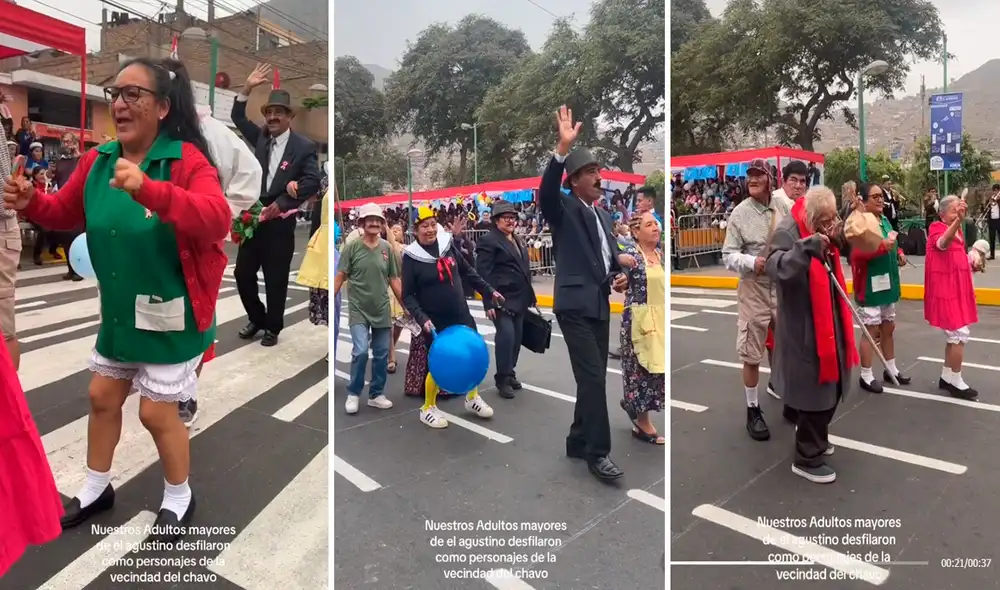 Los adultos mayores derrocharon ternura en el desfile cívico de El Agustino. Foto: composición LR/@Richardsoriaf/TikTok Los adultos mayores derrocharon ternura en el desfile cívico de El Agustino. Foto: composición LR/@Richardsoriaf/TikTok