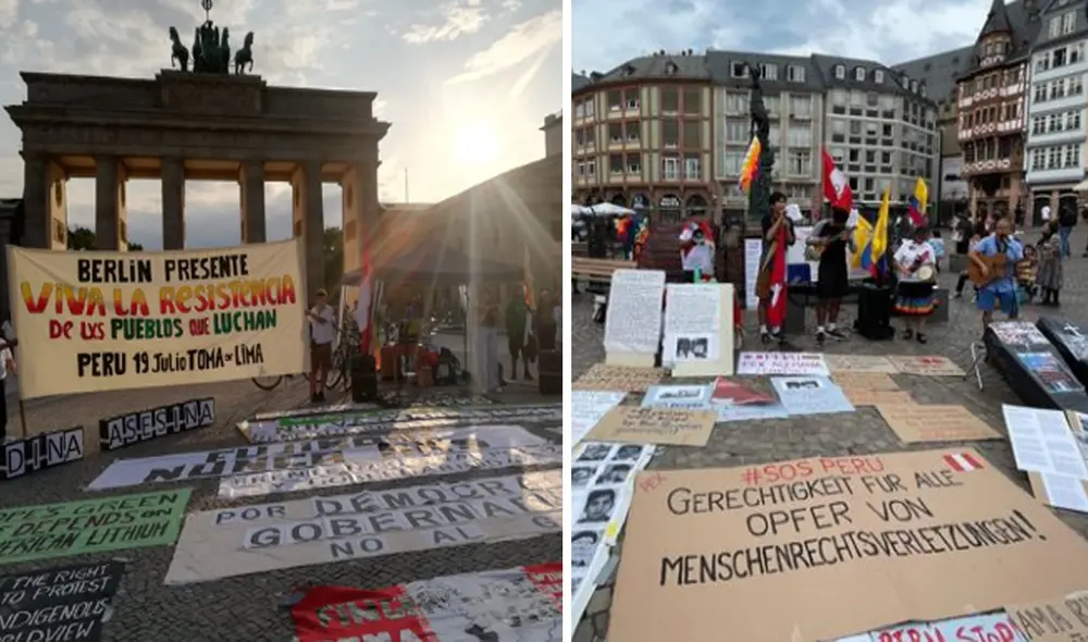 Peruanos en el extranjero protestan con carteles y banderas en apoyo a la marcha contra Dina Boluarte.
