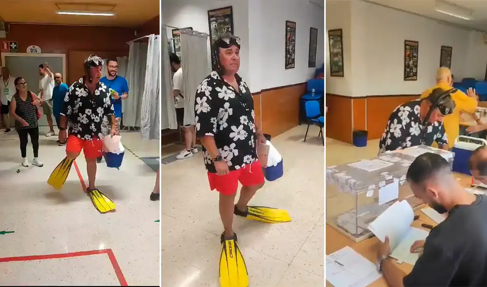 Hombre acude a votar con gafas y aletas para las elecciones en España. Foto: composición LR