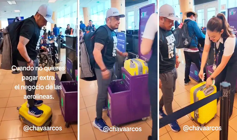 El muchacho se subió sobre su maleta para reducirle los centímetros de más. Foto: captura de LR/@Ricardoarcosflores/TikTok