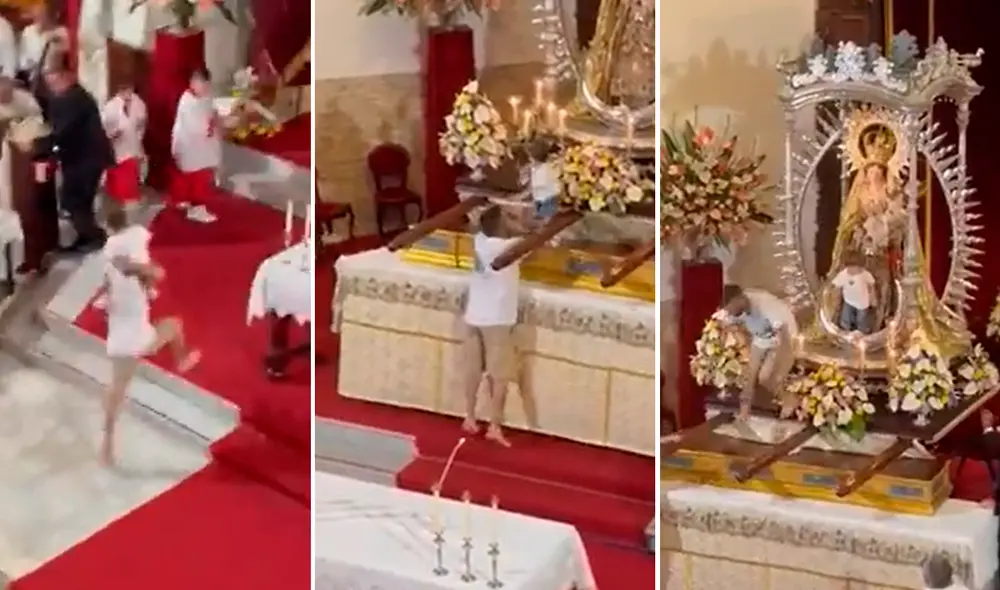 El sujeto pretendió dejar al pequeño en el altar de la virgen; sin embargo, los feligreses lo interceptaron cuando intentaba irse. Foto: captura @niporwifi/Twitter El sujeto pretendió dejar al pequeño en el altar de la virgen; sin embargo, los feligreses lo interceptaron cuando intentaba irse. Foto: captura @niporwifi/Twitter