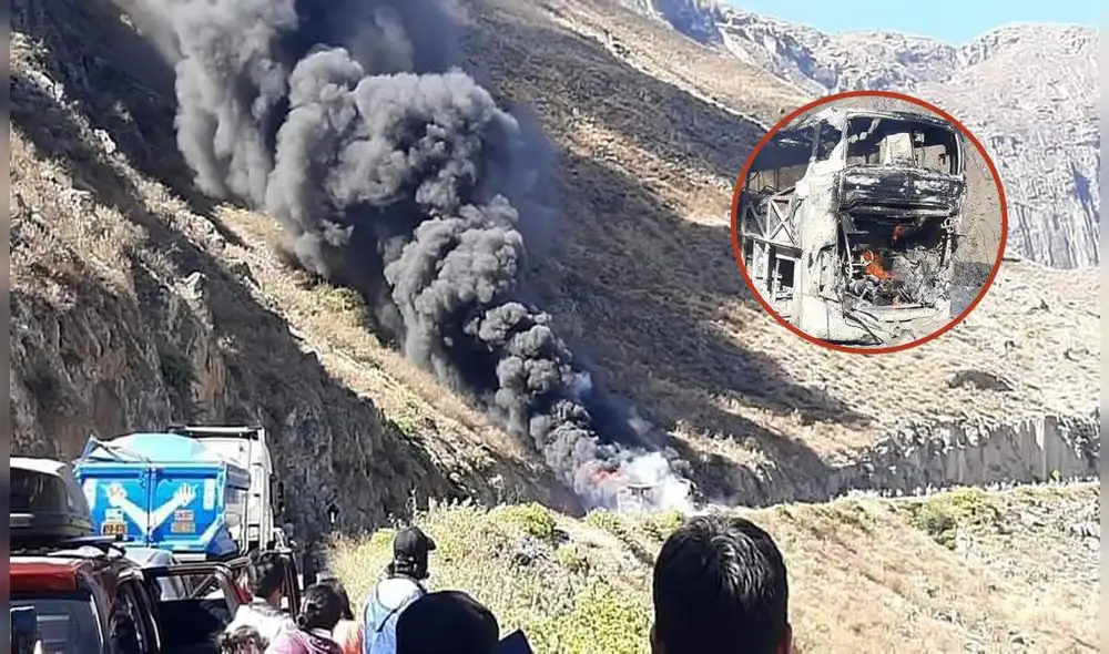Incendio de bus causó zozobra entre testigos y pasajeros. Foto: composición LR / Junín Noticias / Percy Castro