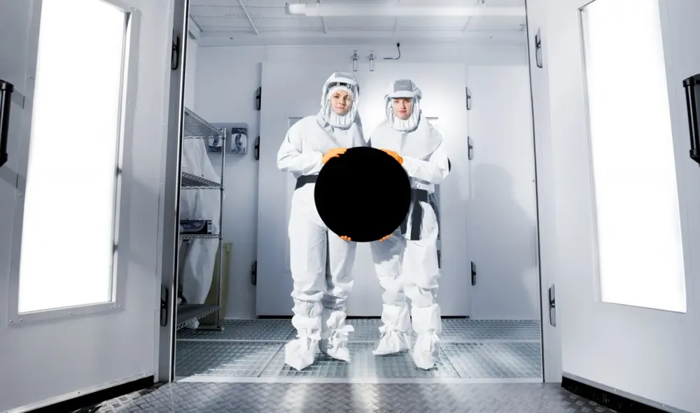 Científicos sostiene una esfera revestida del nanomaterial vantablack, de un color extremadamente negro. Foto: Surrey Nanosystems Científicos sostiene una esfera revestida del nanomaterial vantablack, de un color extremadamente negro. Foto: Surrey Nanosystems