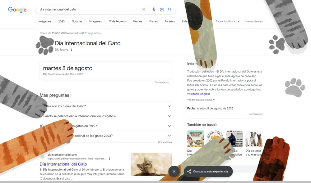 El 'easter egg' por el Día Internacional del Gato en PC. Foto: captura Google El 'easter egg' por el Día Internacional del Gato en PC. Foto: captura Google
