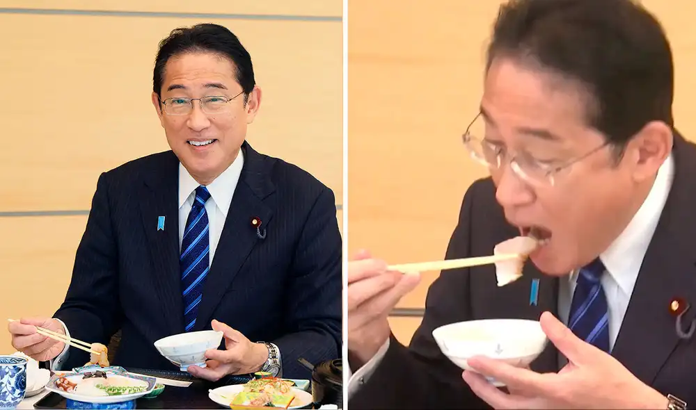 Fumio Kishida, primer ministro de Japón, buscó demostrar que los productos marinos de Fukushima son seguros. Foto: composición LR/AFP - Video: EuroNews/YouTube