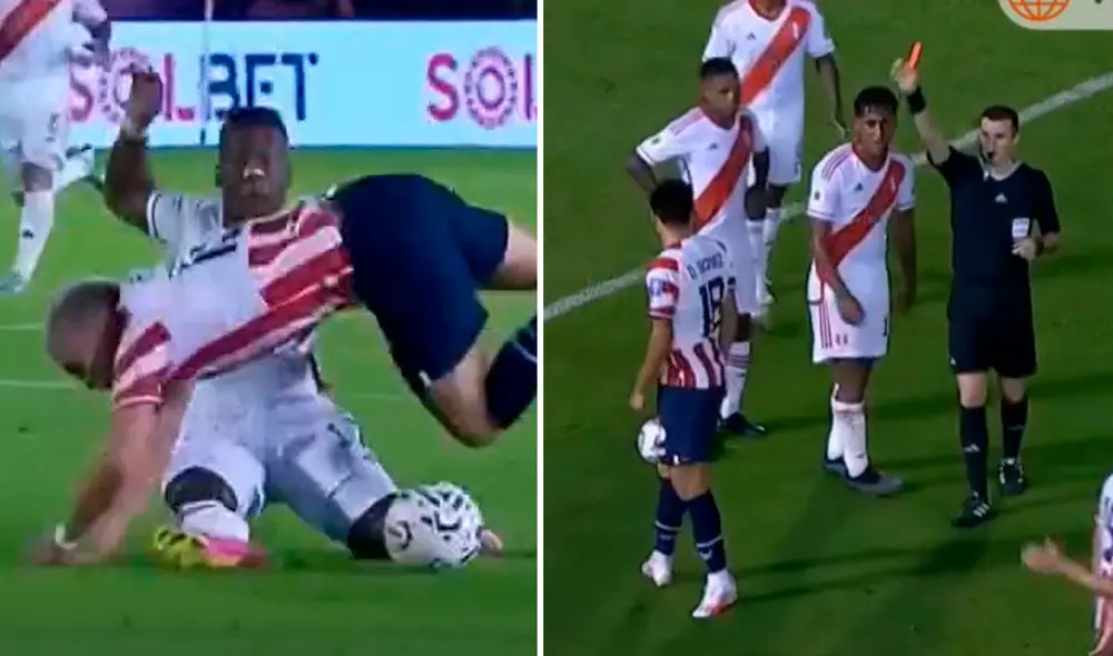 Luis Advíncula se ganó la expulsión sobre el final del primer tiempo. Foto: composición LR/captura de América Deportes - Video: América TV Luis Advíncula se ganó la expulsión sobre el final del primer tiempo. Foto: composición LR/captura de América Deportes - Video: América TV