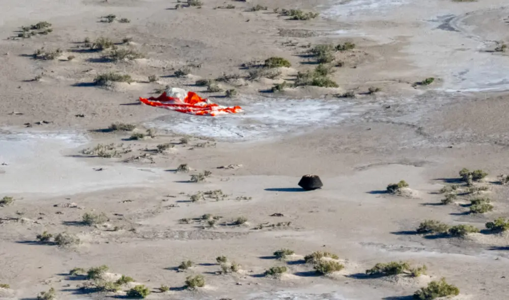aterrizar Imagen de la cápsula tras aterrizar en el campo de entrenamiento y pruebas de Utah del Departamento de Defensa. Foto: NASA