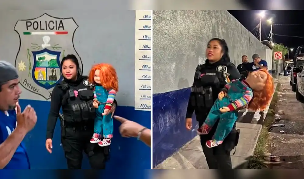 Un muñeco 'Chucky' fue detenido y mostrado por agentes de la Policía de Monclova, México. Foto: composición LR/@soyluisgabriel1/Twitter -  ADN40Mx/YouTube