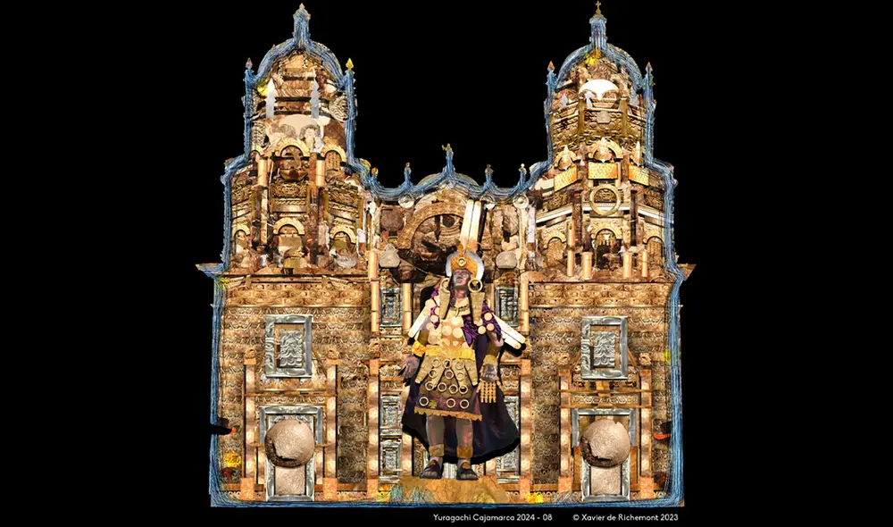 Dos imágenes que se proyectarán sobre la Iglesia de San Francisco, Cajamarca. Abajo, artista Xavier de Richemont.