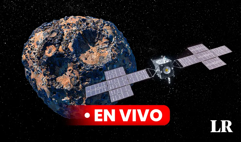 Ilustración de la nave de la NASA sobrevolando el asteroide 16 Psyche, un evento que ocurrirá en 2029. Foto: composición LRFoto: composición de Jazmín Ceras / La República