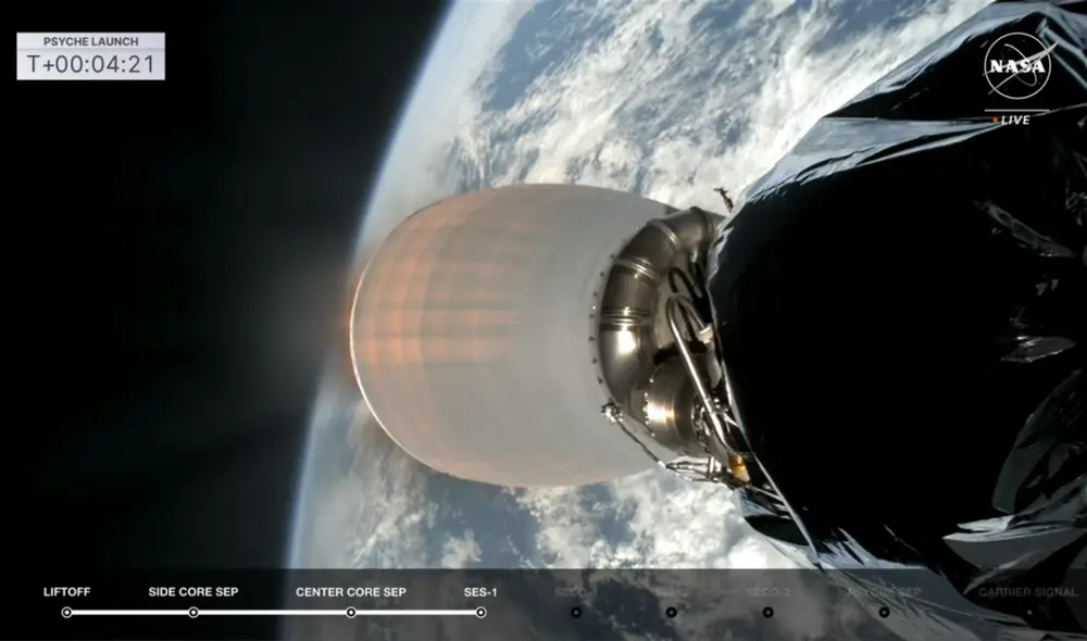 La nave Psyche se aleja de la Tierra para iniciar su viaje hacia el asteroide metálico. Foto: captura de Youtube / NASA