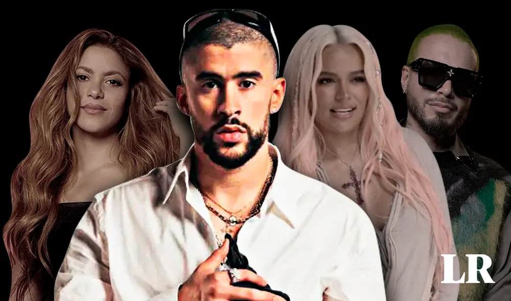 El 'Conejo malo' habría hecho referencias a tres de los artistas más importantes de la música de Colombia. Foto: composición LR / AFP / Instagram de Bad Bunny / Shakira / Karol G / J Balvin