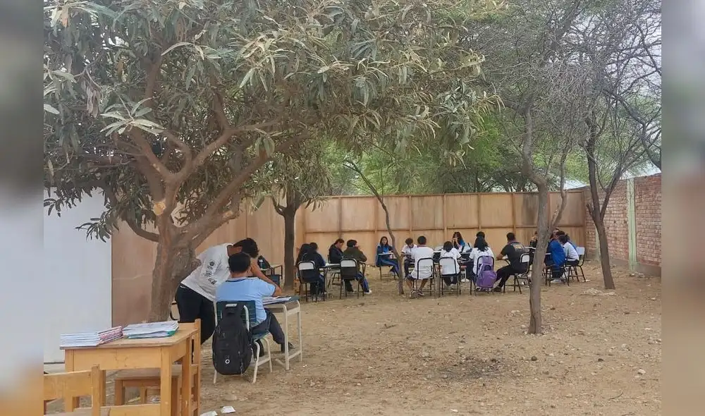 Escolares de la I.E. Manuel Hidalgo Carnero reciben clases bajo la sombra de un árbol para evitar el calor. Foto: Maribel Mendo / URPI-LR