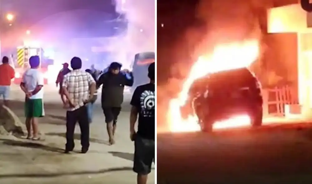 Pobladores apoyan apagar las llamas de camioneta incendiada. Foto: Composición LR