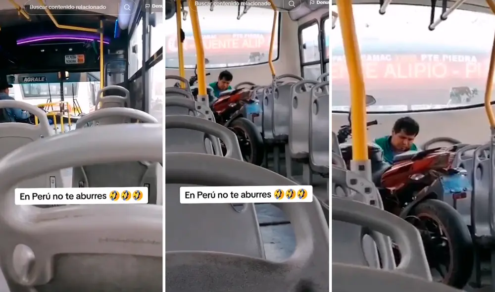 Usuarios se preguntaron cómo habían subido la pesada moto al bus de transporte público. Foto: composición LR/TikTok/@christopheryl Usuarios se preguntaron cómo habían subido la pesada moto al bus de transporte público. Foto: composición LR/TikTok/@christopheryl