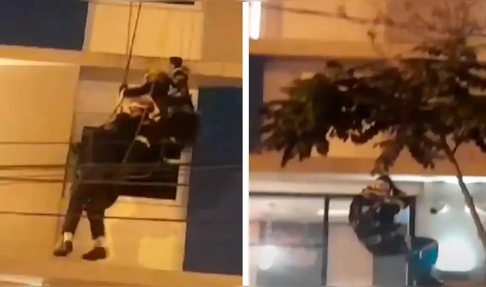 Rescatistas acudieron a Miraflores para atender emergencia de un ciudadano que intentaba tirarse desde el quinto piso de un hotel. Foto y video: TV Perú Rescatistas acudieron a Miraflores para atender emergencia de un ciudadano que intentaba tirarse desde el quinto piso de un hotel. Foto y video: TV Perú