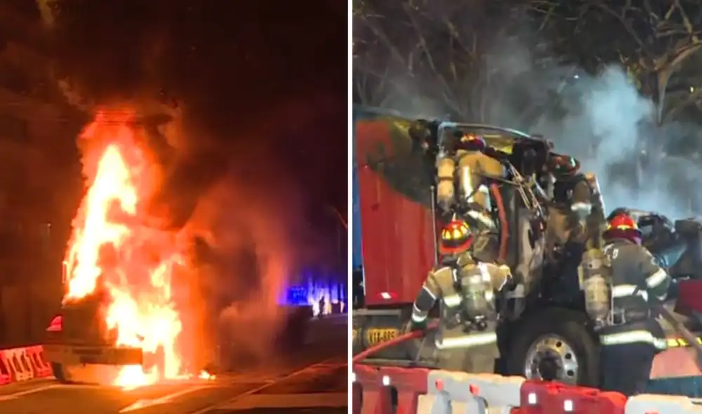 El tráiler quedó totalmente destruido y en cenizas luego de que los Bomberos apagaran el fuego. Foto: Composición La República