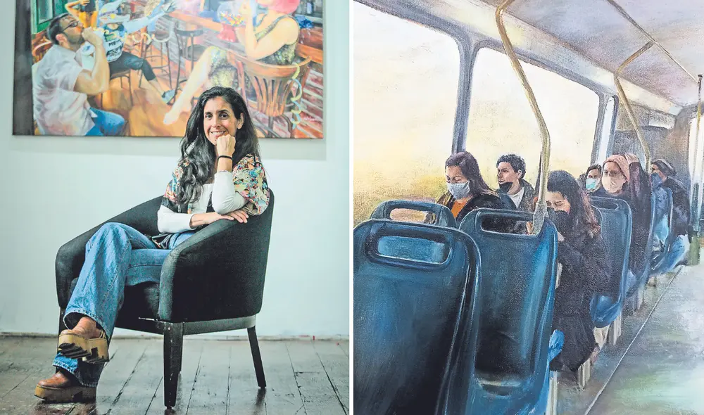 Artista. Lali García Almeyda en la galería. Al lado, “Camino a la tierra prometida”, en un viaje que no se sabe si se llegará al final. Foto: John Reyes / La República