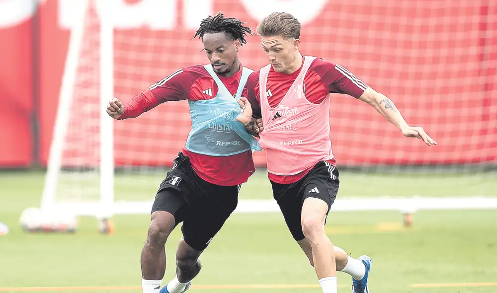Con todo. André Carrillo y Oliver Sonne trabajando en el Complejo Deportivo de la Federación Peruana de Fútbol. Foto: difusión