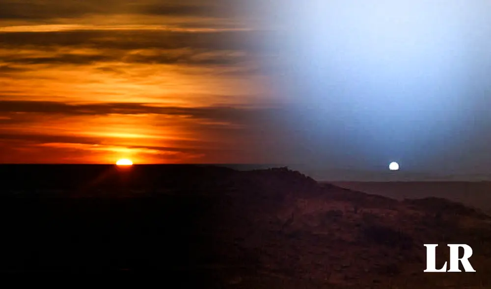 Un atardecer terrestre (izquierda) al lado de un atardecer marciano (derecha). Foto: NASA / Pexels Un atardecer terrestre (izquierda) al lado de un atardecer marciano (derecha). Foto: NASA / Pexels