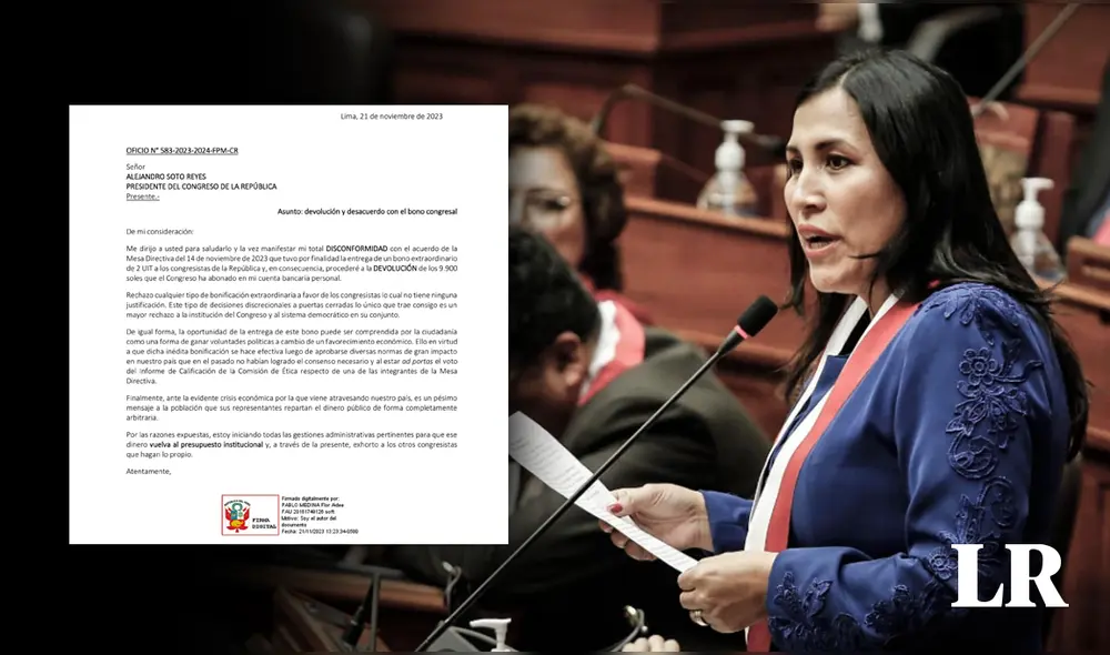 Congresista se encuentra realizando diligencias para devolver el dinero al presupuesto institucional del Congreso.Foto: Composición LR/ X Congresista se encuentra realizando diligencias para devolver el dinero al presupuesto institucional del Congreso.Foto: Composición LR/ X