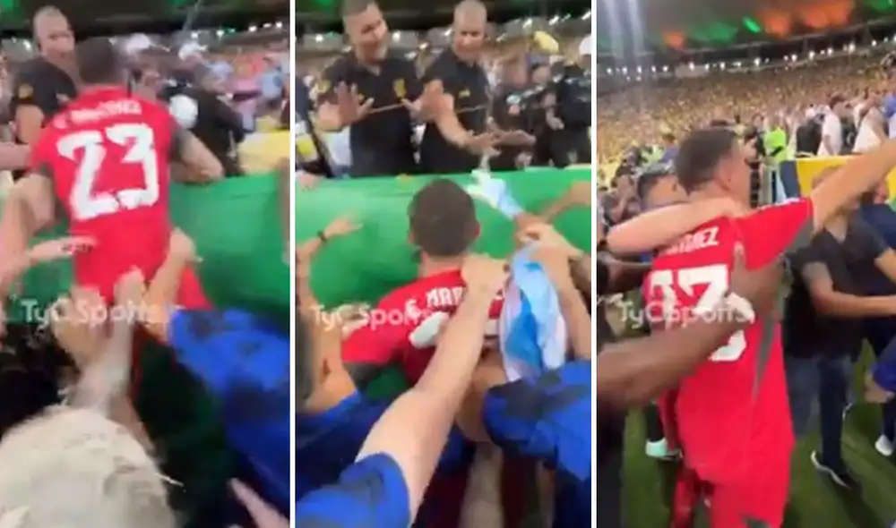 El 'Dibu' Martínez fue contenido por sus compañeros y el personal de seguridad del estadio. Foto: captura de TyC Sports | Video: TyC Sports