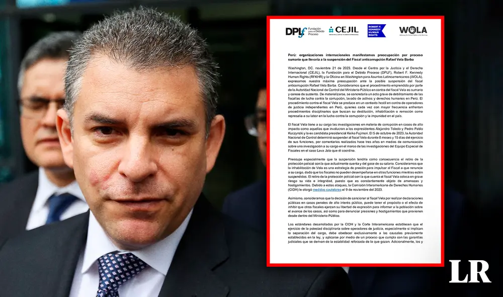 "La inhabilitación del fiscal Vela es una estrategia de presión para impulsar a que renuncie a su cargo", indicaron las organizaciones. Foto: composición de Alvaro Lozano/La República "La inhabilitación del fiscal Vela es una estrategia de presión para impulsar a que renuncie a su cargo", indicaron las organizaciones. Foto: composición de Alvaro Lozano/La República