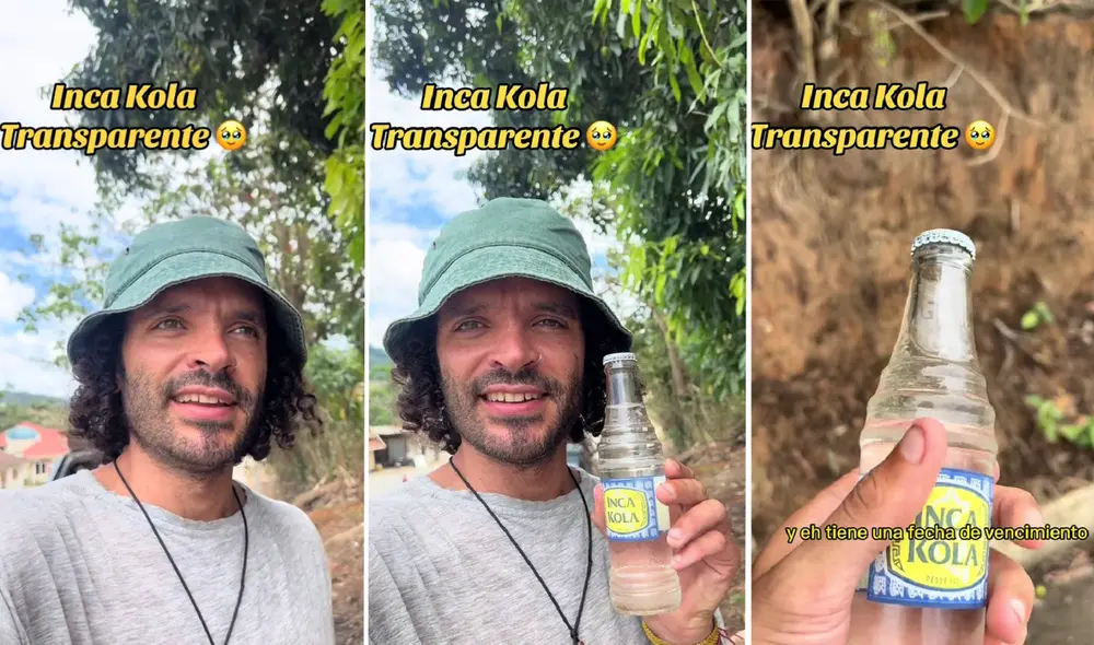 Joven turista quedó sorprendido luego de que su Inca Kola perdiera el color amarillo y se volviera transparente. Foto: composición LR/TikTok Joven turista quedó sorprendido luego de que su Inca Kola perdiera el color amarillo y se volviera transparente. Foto: composición LR/TikTok