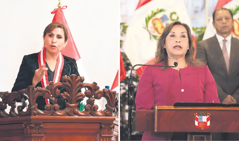 Choque. Fiscal de la Nación se defendió de investigaciones en su contra denunciando a presidenta Boluarte, quien a su vez calificó la acusación de deleznable y de ser una “maniobra política”. Foto: composición La República