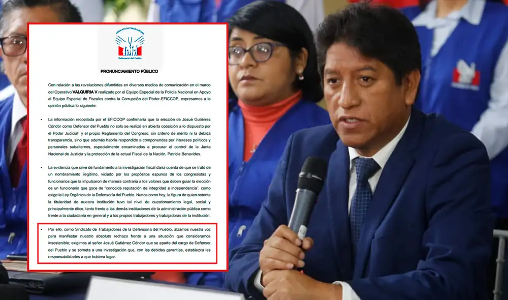 Sindicado calificó de “insostenible” la permanencia en el cargo de Josué Gutiérrez. Foto: composición LR/Félix Contreras/LR/Defensoría del Pueblo Sindicado calificó de “insostenible” la permanencia en el cargo de Josué Gutiérrez. Foto: composición LR/Félix Contreras/LR/Defensoría del Pueblo