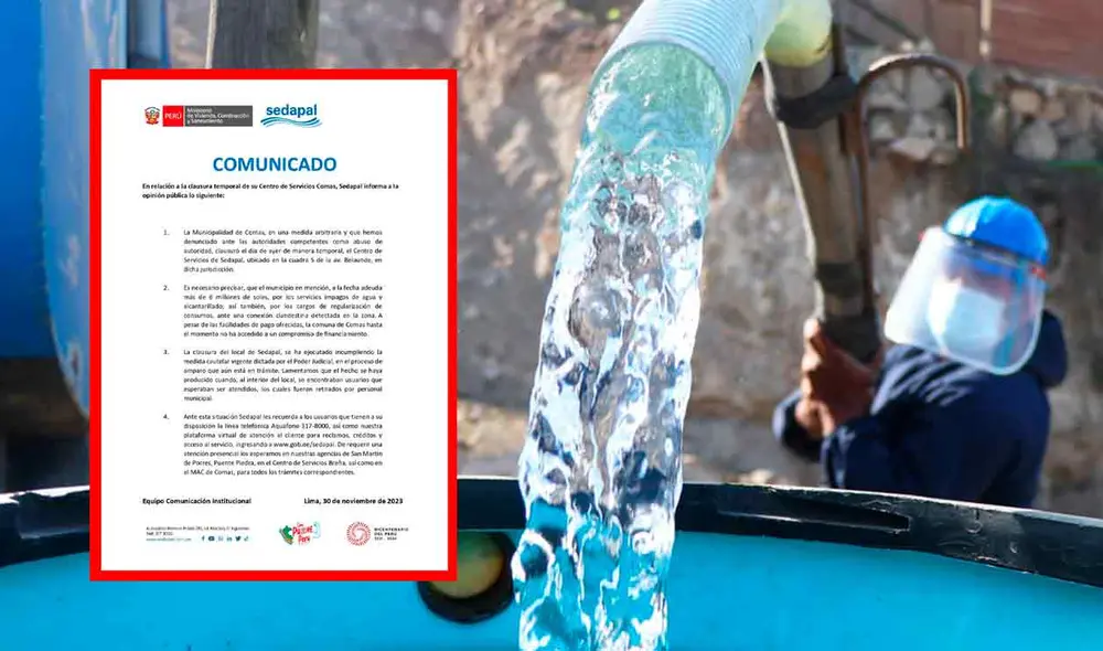 Sedapal indica que la Municipalidad de Comas "adeuda más de 6 millones de soles por los servicios impagos de agua y alcantarillado". Foto: composición LR/Sedapal/Andina Sedapal indica que la Municipalidad de Comas "adeuda más de 6 millones de soles por los servicios impagos de agua y alcantarillado". Foto: composición LR/Sedapal/Andina